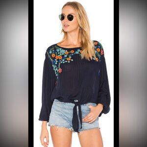 FREE PEOPLE Peasant Blouse Top Up And Away Embroidered Blue Floral Crepe Boho